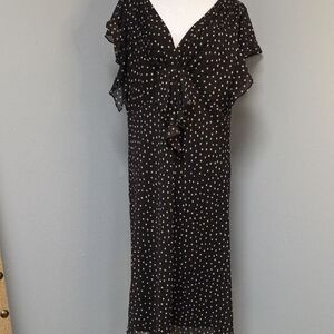 Black and White Ruffled Midi Dress with V-Neck